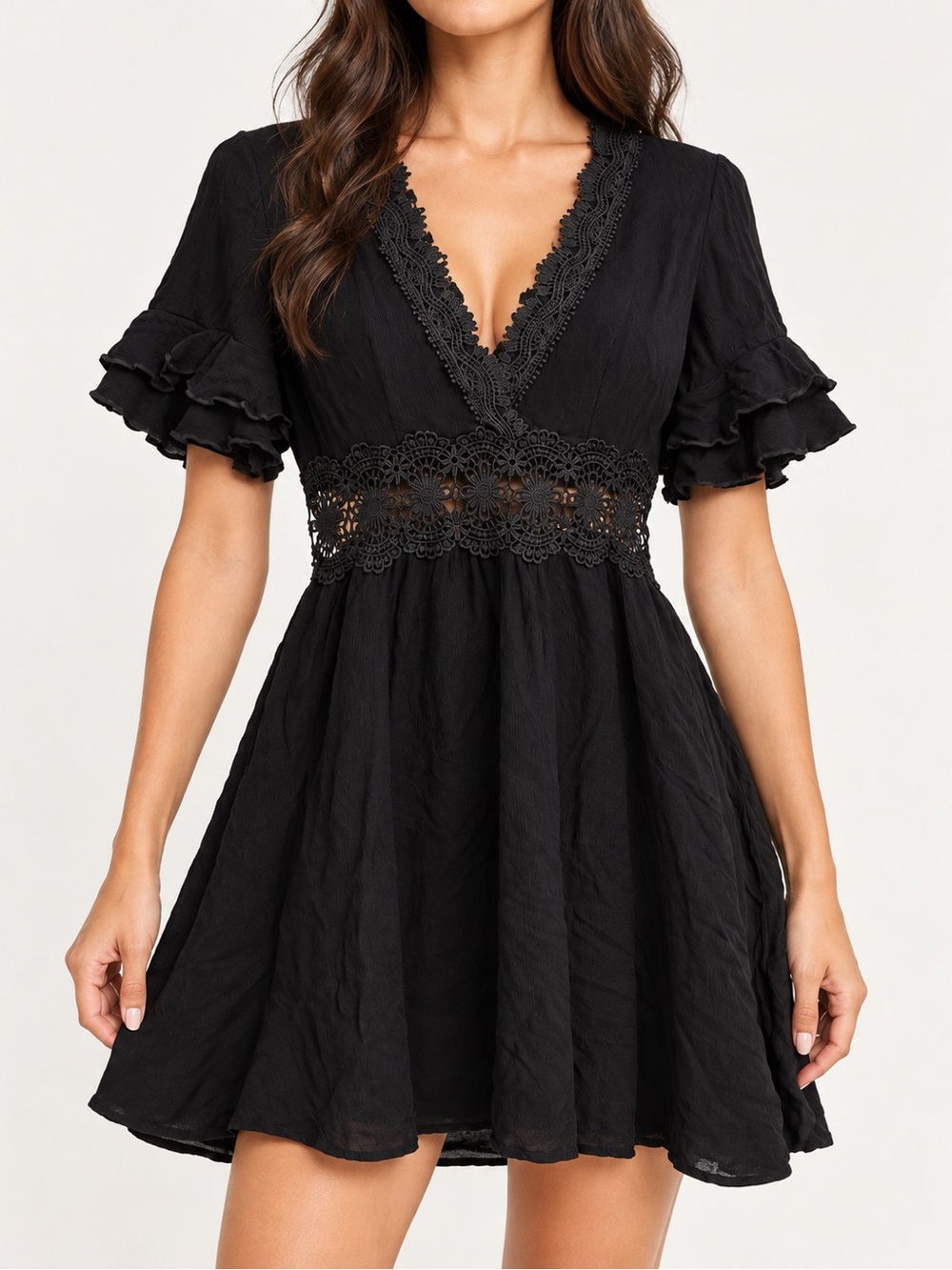 SHEIN Black Lace-Trim V-Neck Mini Dress